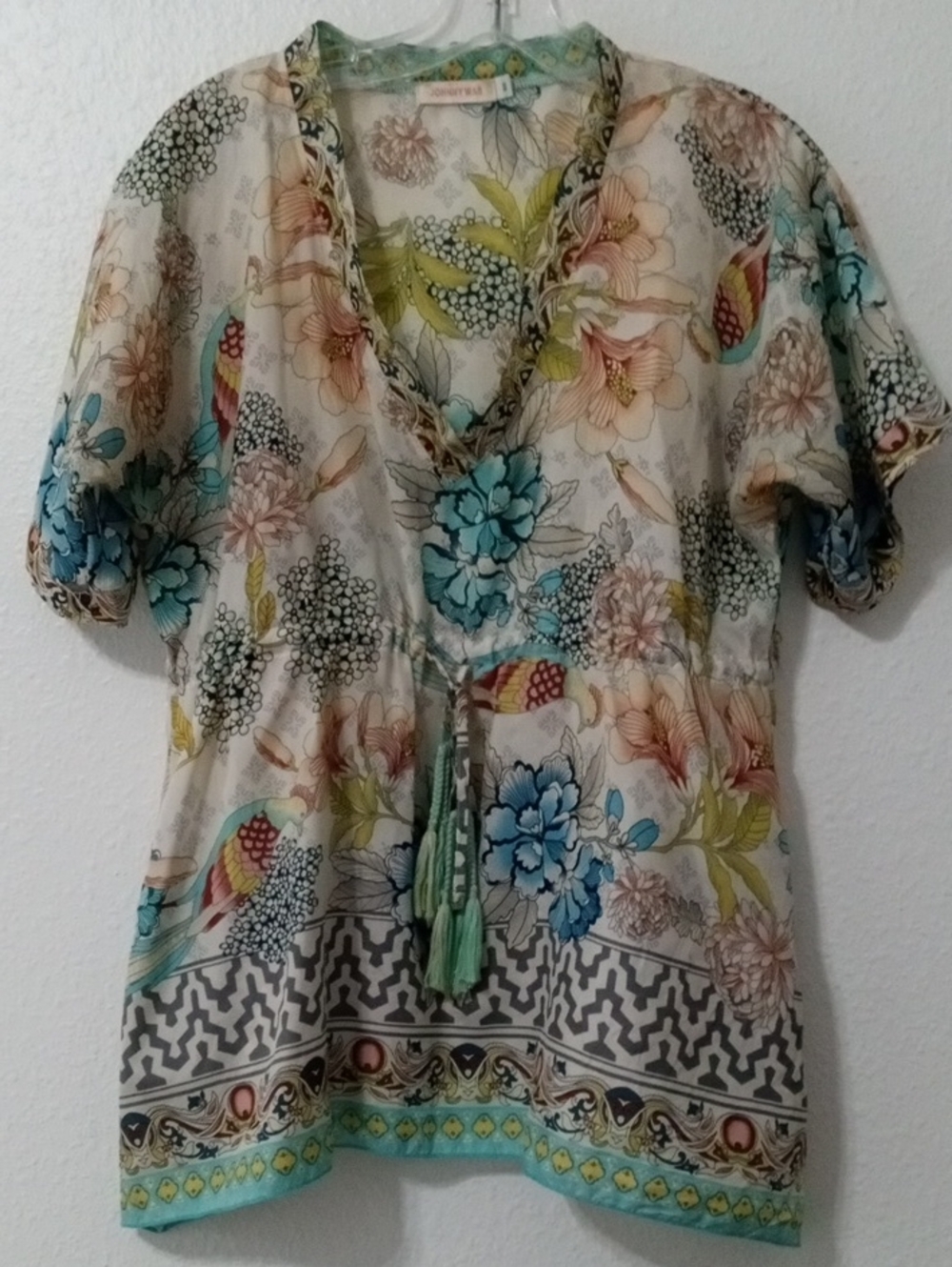 Johnny Was Cream Floral V-Neck Tunic with Blue and Green Accents